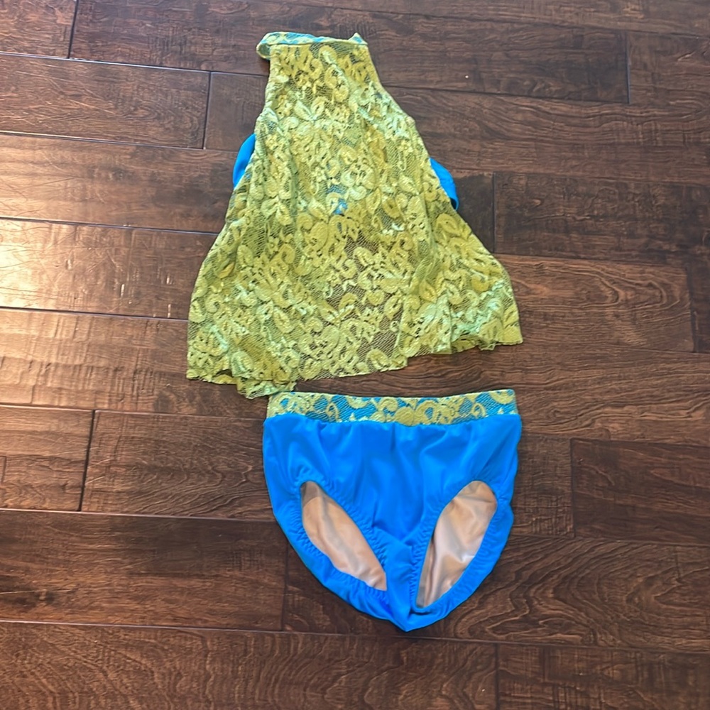 Two piece dance costume-  blue, with lace green overlay